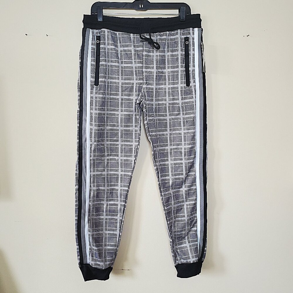 G-Net Men's Black Plaid Printed Fleece Jogger Pants SZ M